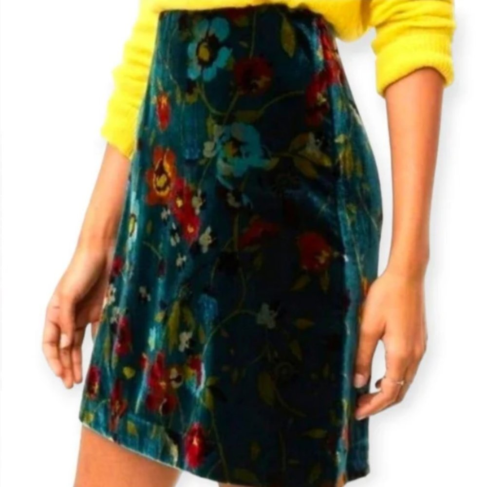 LOFT NWOT Velvet Teal Floral Mini Skirt Women's Size 8 Zipper